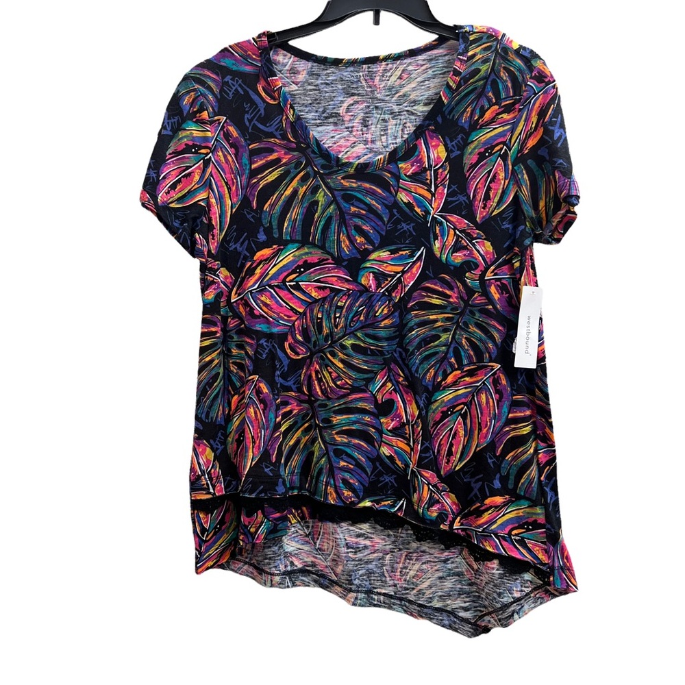 Westbound Medium leaf print blouse short sleeve asymetrical lace hem
